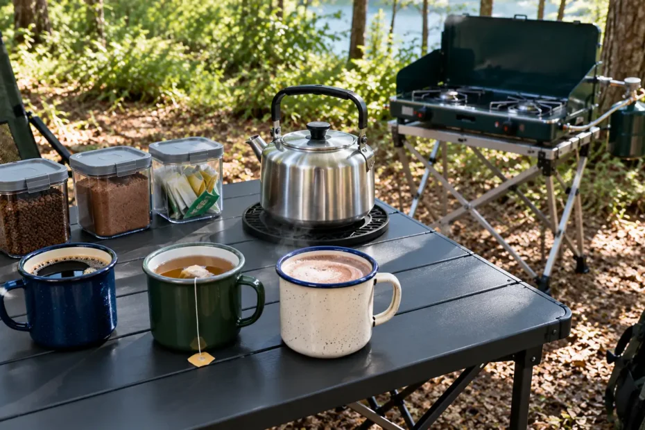 Mesa de camping com três canecas contendo café preto, chá de ervas e chocolate quente, acompanhadas de chaleira metálica e ingredientes secos.