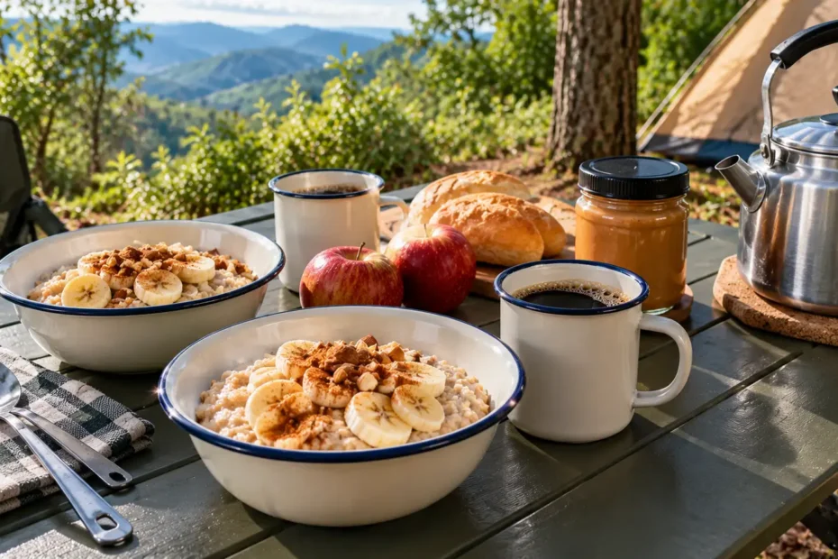 Mesa de café da manhã em camping com mingau de aveia, bananas, maçãs, pães, pasta de amendoim e canecas de café.