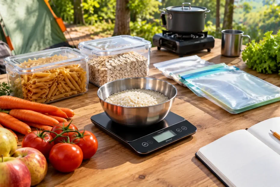 Ingredientes para refeições de camping organizados em porções, com arroz, macarrão, aveia, vegetais, recipientes e balança digital sobre mesa.