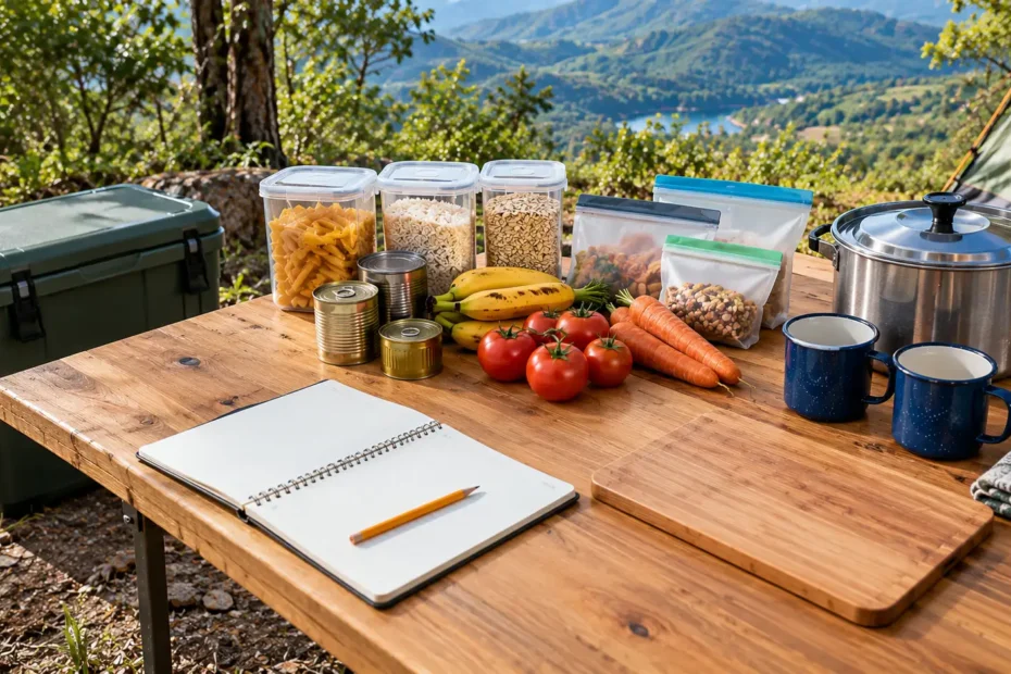 Planejamento de refeições para camping com caderno de cardápio, alimentos secos, frutas, vegetais e utensílios sobre mesa ao ar livre.