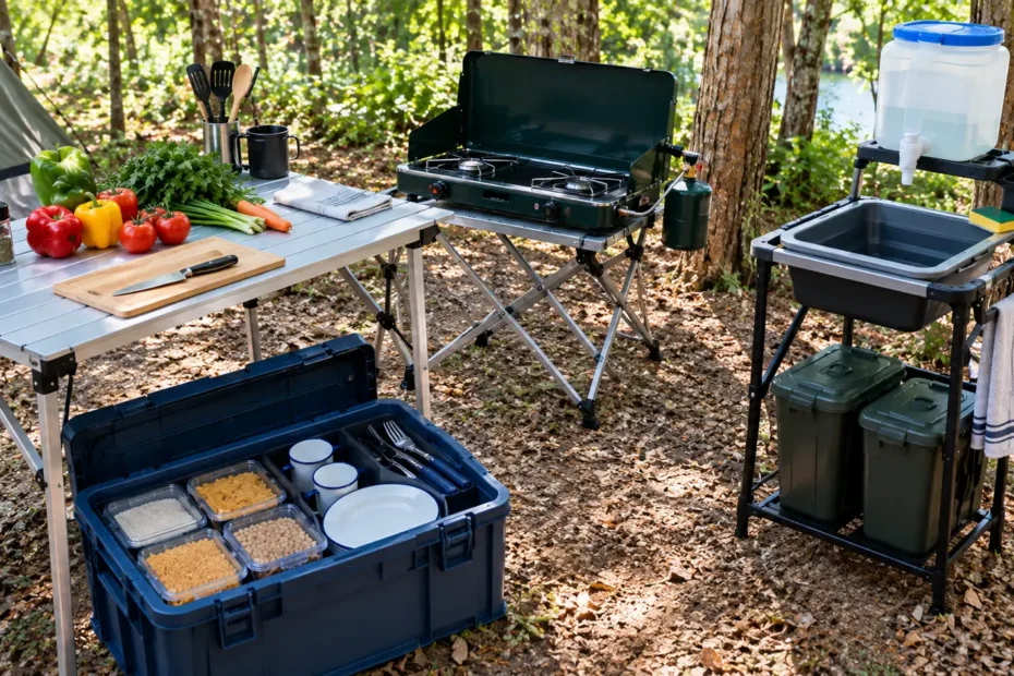 Cozinha de camping para duas pessoas com fogareiro desligado, bancada de alimentos, dois conjuntos de pratos e utensílios e estação separada de limpeza.