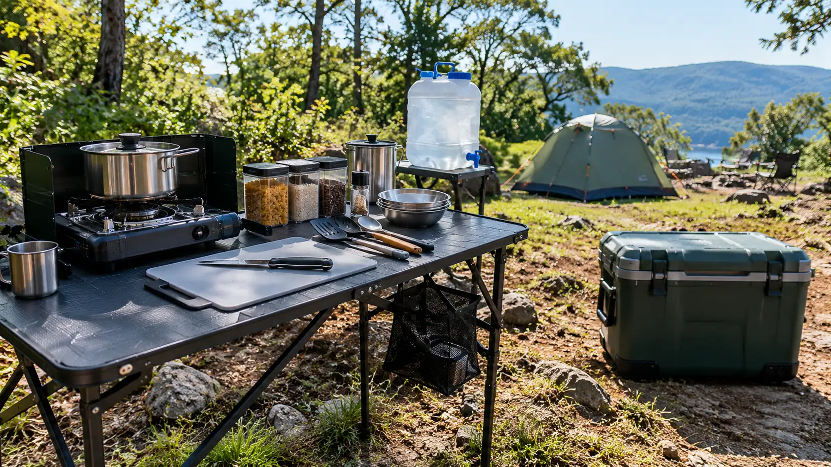 Cozinha de camping montada ao ar livre com fogareiro portátil, panelas, utensílios e caixa térmica.