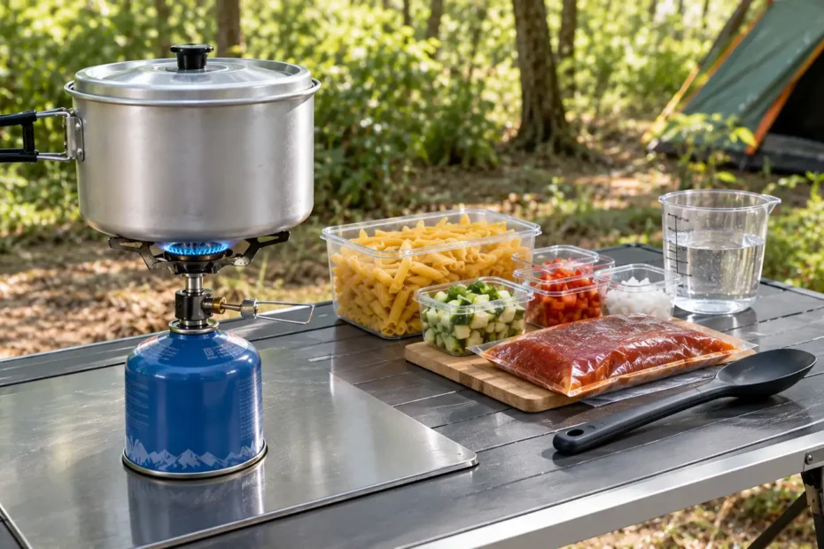 Panela de camping com tampa sobre fogareiro portátil a gás, acompanhada de ingredientes previamente organizados, utensílios compactos e recipiente com água.