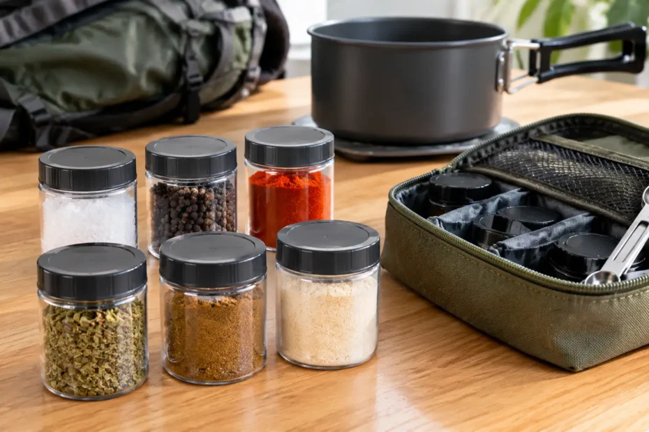 Kit de temperos para camping com pequenos frascos de sal, pimenta, páprica, orégano e cominho organizados em bolsa compacta sobre mesa de madeira.