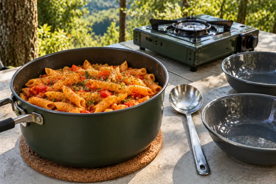 Panela de camping verde-escura com macarrão penne cozido em molho de tomate, pimentão vermelho e ervilhas, sobre bancada externa.