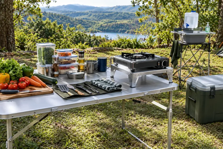 Bancada portátil de camping com área de preparo de alimentos, tábua de corte, utensílios organizados e fogareiro desligado em suporte independente.