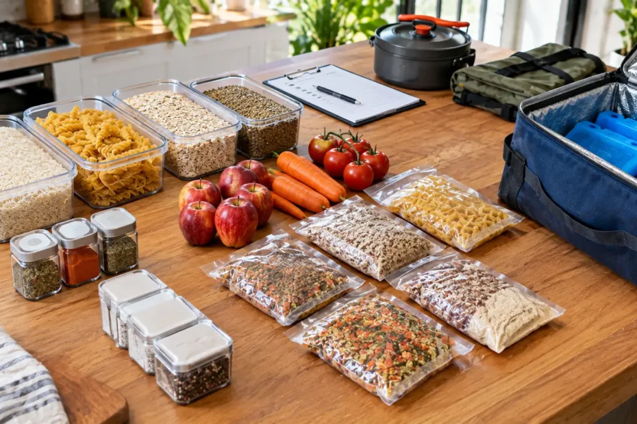 Bancada com ingredientes para camping separados em recipientes transparentes, alimentos secos, vegetais, temperos e caixa térmica para transporte.