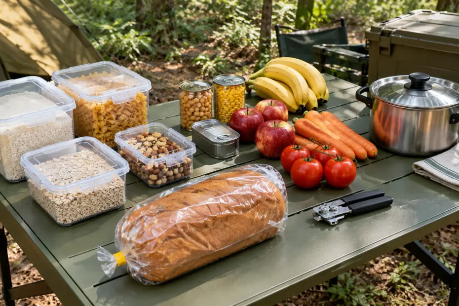 Mesa de camping com arroz, macarrão, aveia, conservas fechadas, frutas inteiras, castanhas e recipientes organizados para refeições sem geladeira.