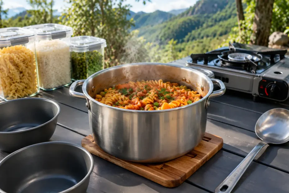 Panela de camping com macarrão, molho de tomate e vegetais, acompanhada de utensílios compactos sobre uma mesa ao ar livre.