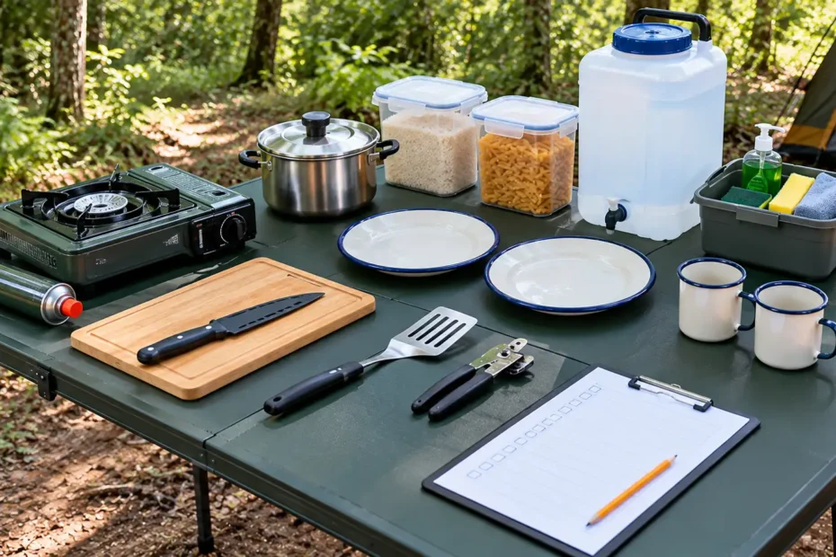 Mesa de camping com fogareiro desligado, panela, utensílios, recipientes de alimentos, galão de água e prancheta para conferência dos equipamentos.
