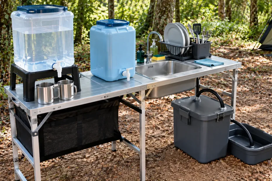 Cozinha de camping com galão de água potável para consumo, recipiente para lavagem de utensílios e reservatório separado para recolher água usada.