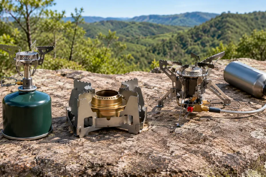 Comparação de três fogareiros de camping desligados, incluindo modelo compacto a gás, queimador a álcool e fogareiro multifuel com reservatório externo.