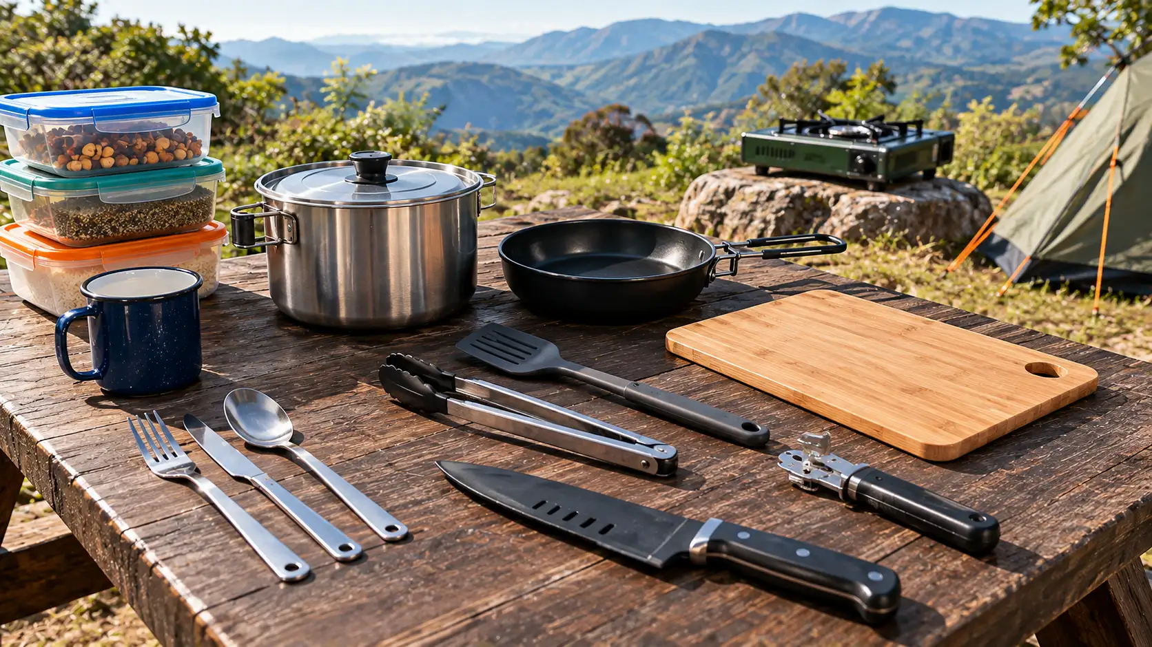 Utensílios de cozinha para camping com panela compacta, frigideira, faca, tábua de corte, espátula, talheres e caneca sobre mesa ao ar livre.